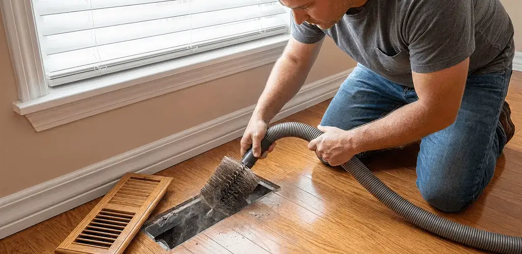 Air duct cleaning technician vacuuming a floor vent and duct opening in San Antonio, TX