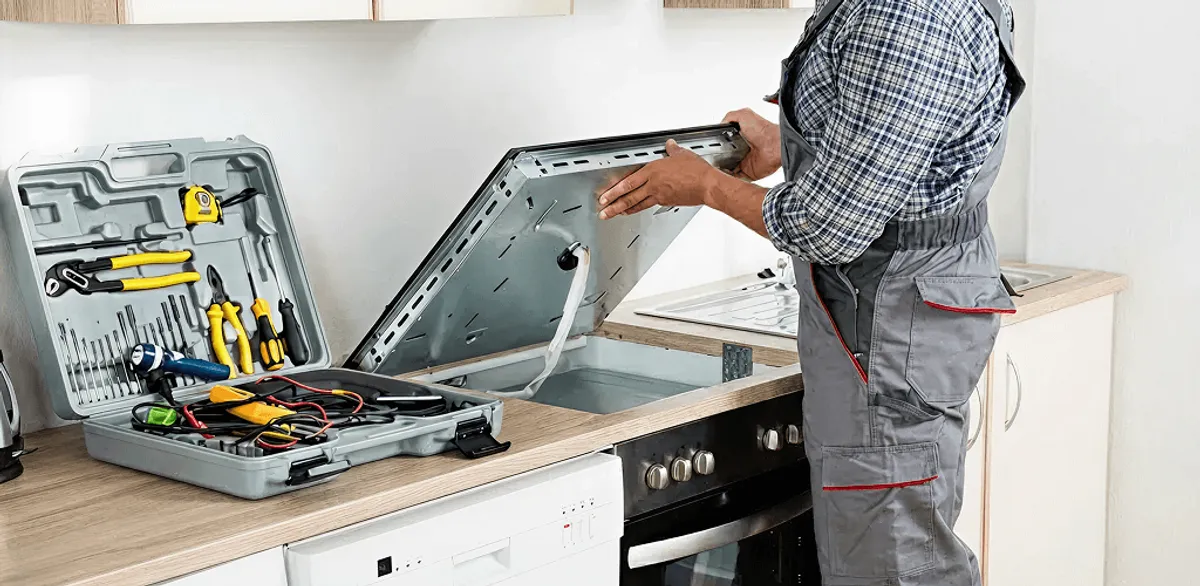 Handyman repairing a cooktop and checking wiring connections in San Antonio, TX
