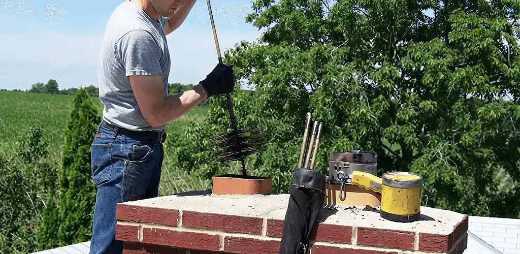Chimney cleaning technician working on a rooftop chimney with professional tools in San Antonio, TX