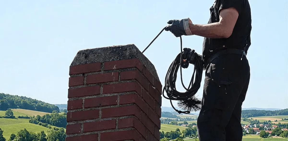 Chimney sweep inspecting and cleaning a rooftop chimney in San Antonio, TX
