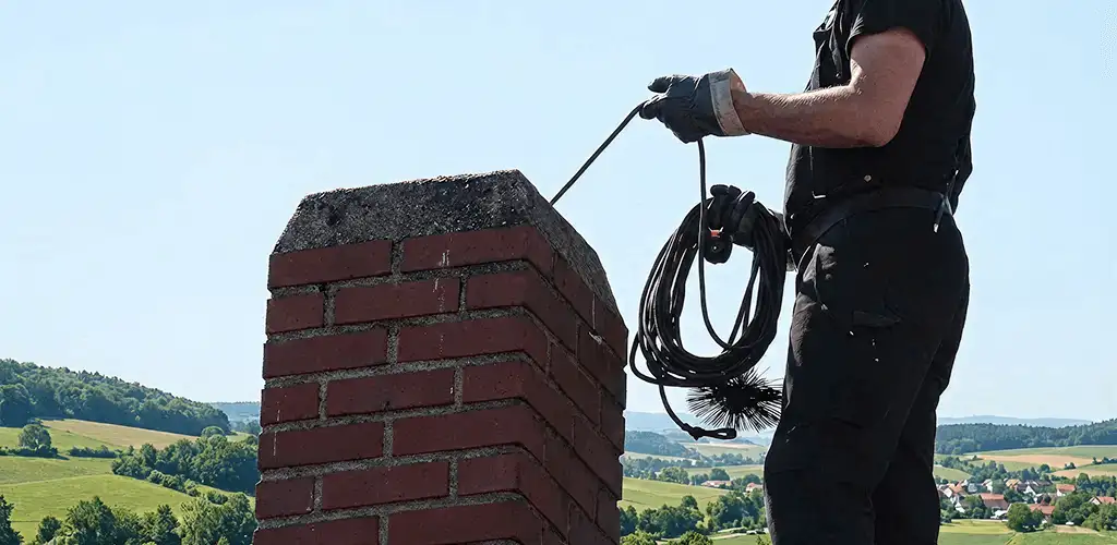 Chimney sweep inspecting and cleaning a rooftop chimney in San Antonio, TX