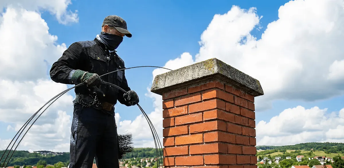 Chimney sweep cleaning a brick chimney with professional tools in San Antonio, TX