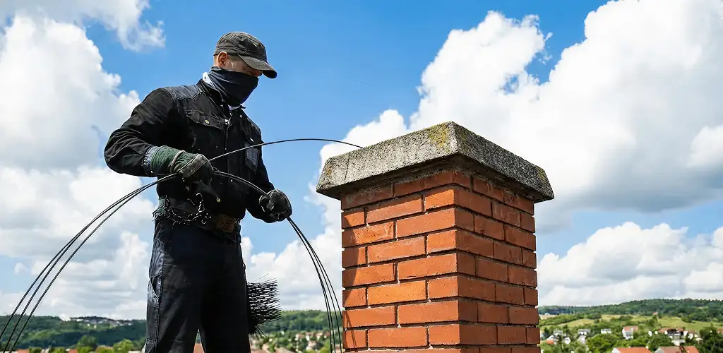Chimney sweep cleaning a brick chimney with professional tools in San Antonio, TX