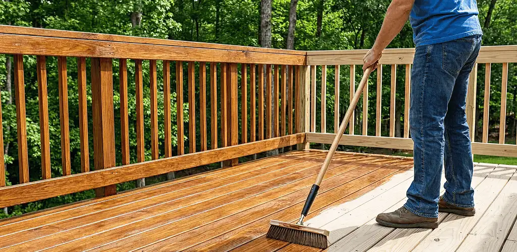 Deck staining and sealing application on a wood deck in San Antonio, TX
