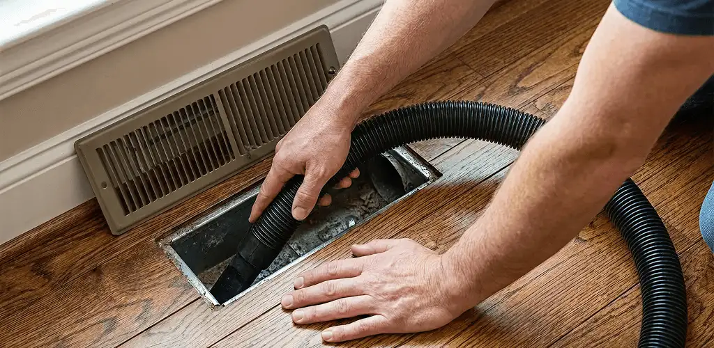 Air duct cleaning technician vacuuming a floor register and duct opening in San Antonio, TX