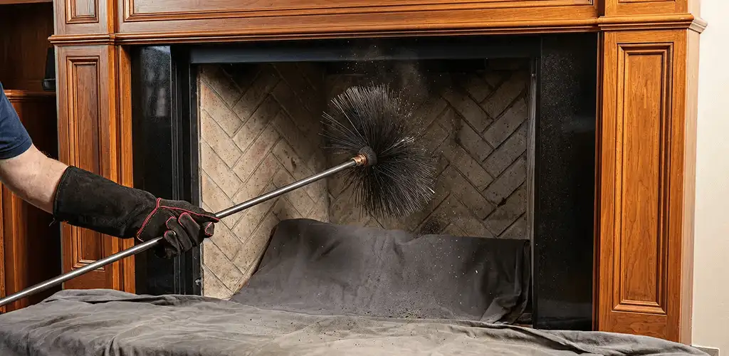 Chimney cleaning service brushing soot from a fireplace and flue in San Antonio, TX