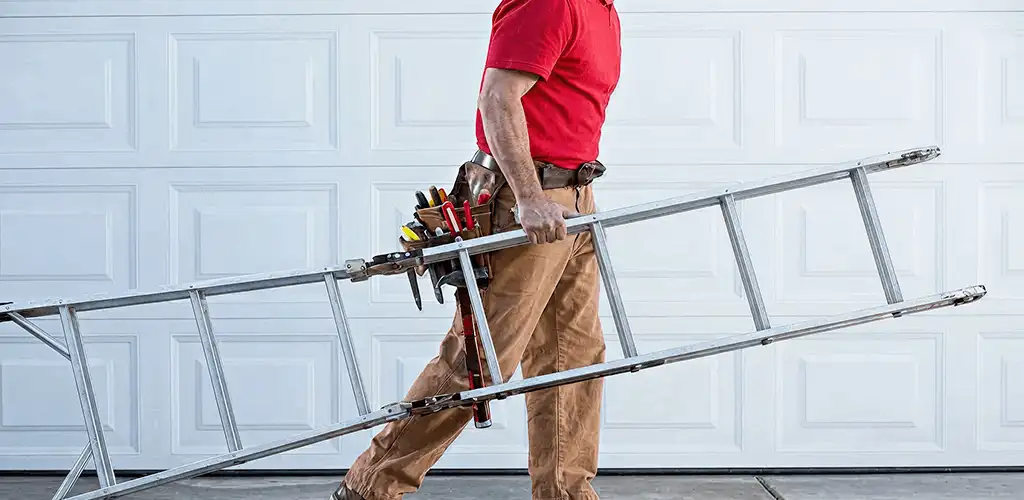 Garage door repair technician arriving with tools and ladder in San Antonio, TX
