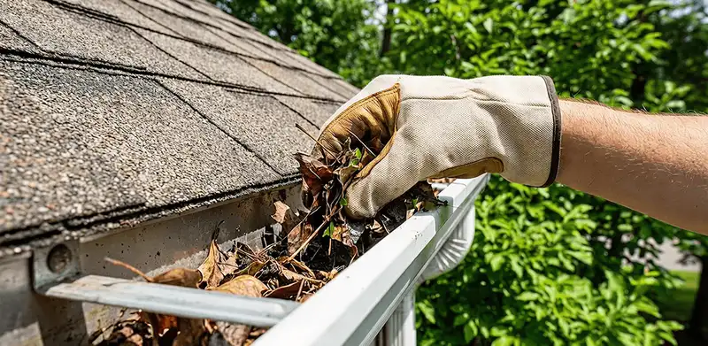 Gutter cleaning removing leaves and debris from roof gutters in San Antonio, TX