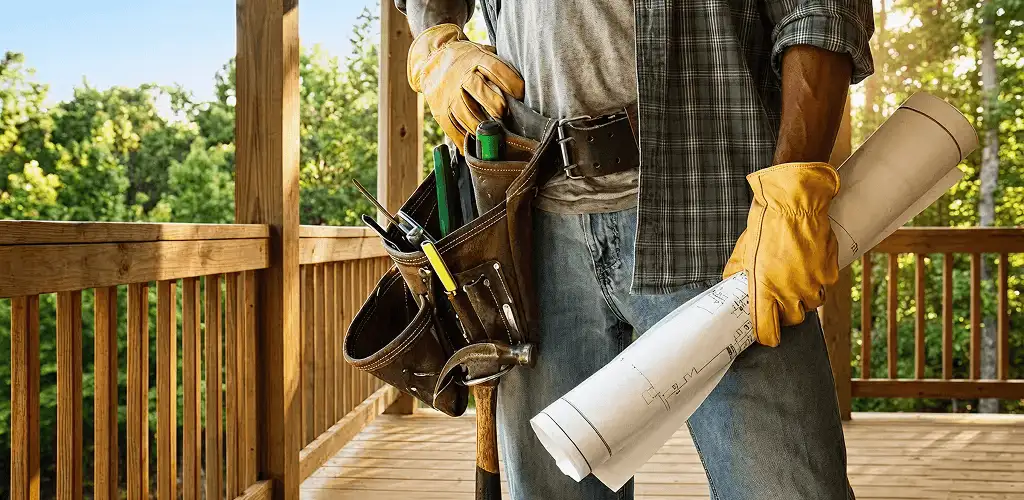 Professional handyman with tool belt ready for home repairs in San Antonio, TX