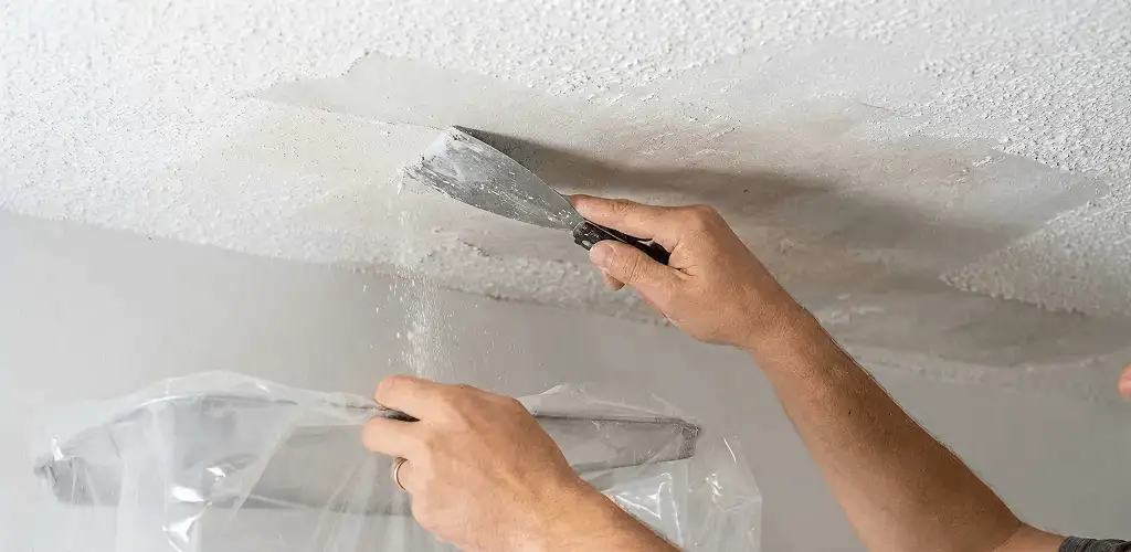 Popcorn ceiling removal technician scraping texture from a ceiling in San Antonio, TX