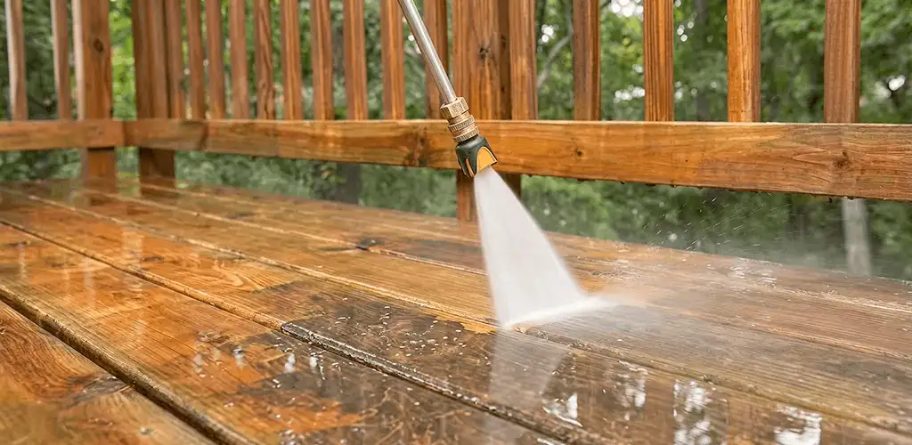Pressure washing a wood deck to remove dirt and buildup in San Antonio, TX