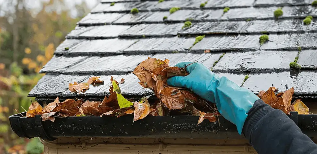 Gutter cleaning technician clearing wet leaves from roof gutters in San Antonio, TX