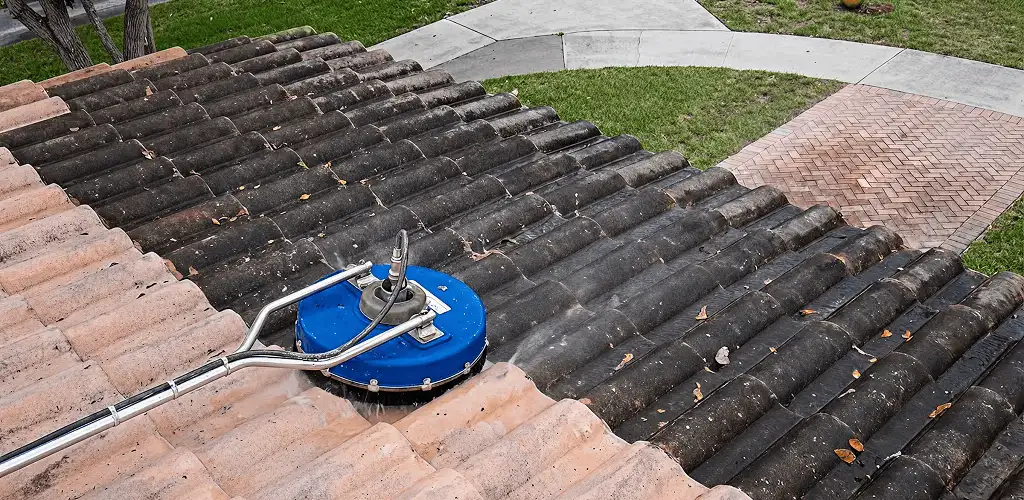 Roof pressure cleaning removing debris and buildup from roof tiles in San Antonio, TX
