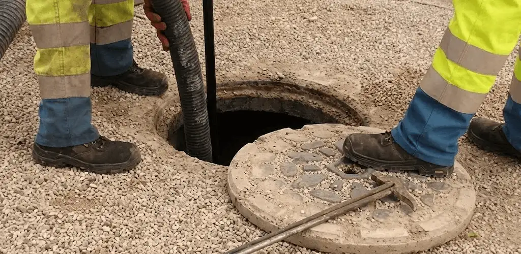 Drain cleaning crew clearing a sewer access point with professional equipment in San Antonio, TX