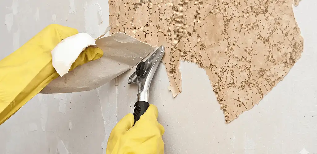 Wallpaper removal service stripping old wallpaper from a wall in San Antonio, TX